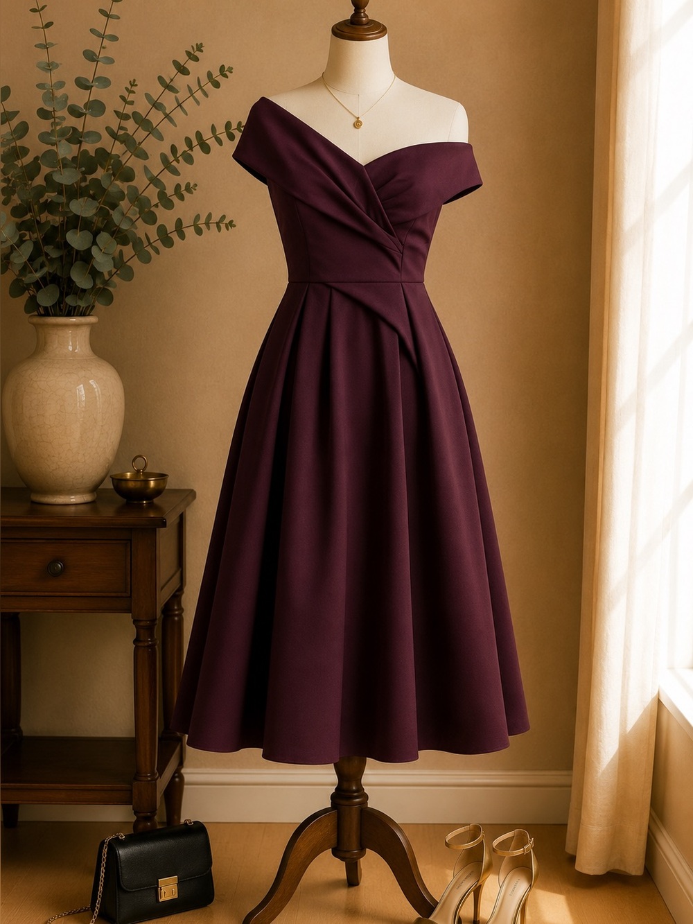 ASOS DESIGN Burgundy Off Shoulder Midi Cocktail Dress Fit & Flare Women's US 6